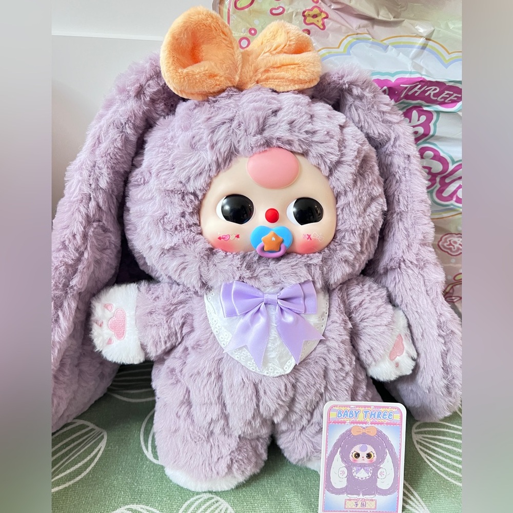 Baby Three Lavender Plush Bunny with Bow - Cute Pacifier Face Toy